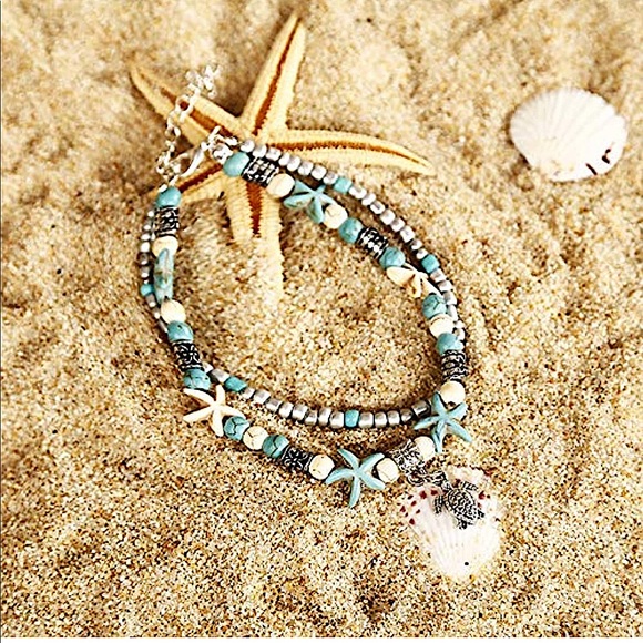 Boho Blue Starfish Turtle Multilayer Anklet - Picture 4 of 9